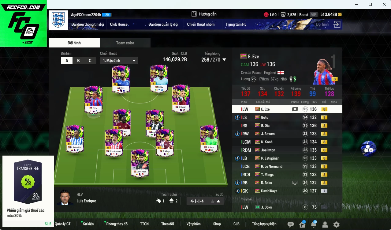 Full mùa 23HW 146.020b có B. Dia, Eze, Joelington, Mings, Koné, Estupinan, Bowen, Beto, Baku, Le Normand 23HW+8